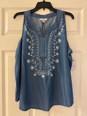 croft & barrow Blue Embroidered Denim-Look Tank